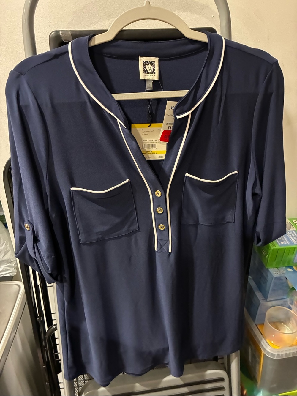 Anne Klein Navy Polo-Style Henley Shirt with White Piping -